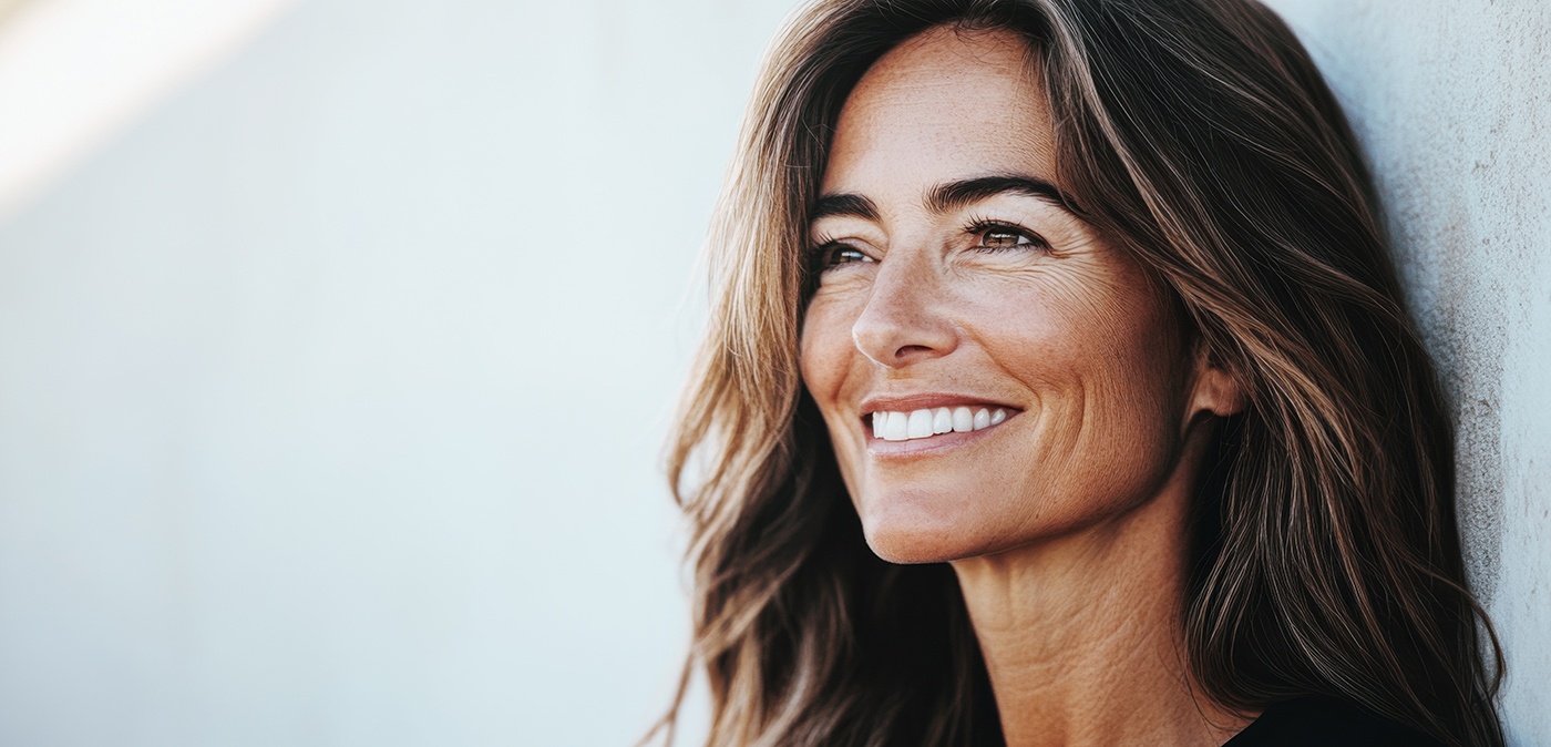 Middle-aged woman smiling with new dental crowns in Charlotte