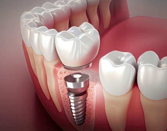 Illustrated dental crown being placed onto a dental implant