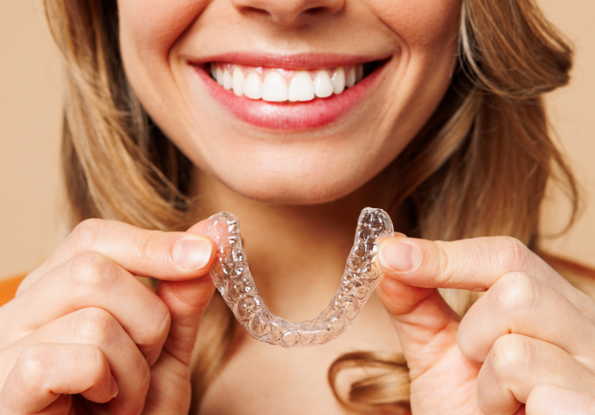 Woman holding up clear aligner